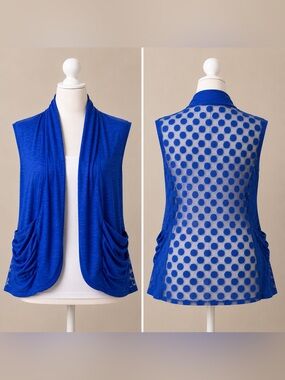 HeartSoul Royal Blue Polka Dot Mesh Open Front Vest Top L